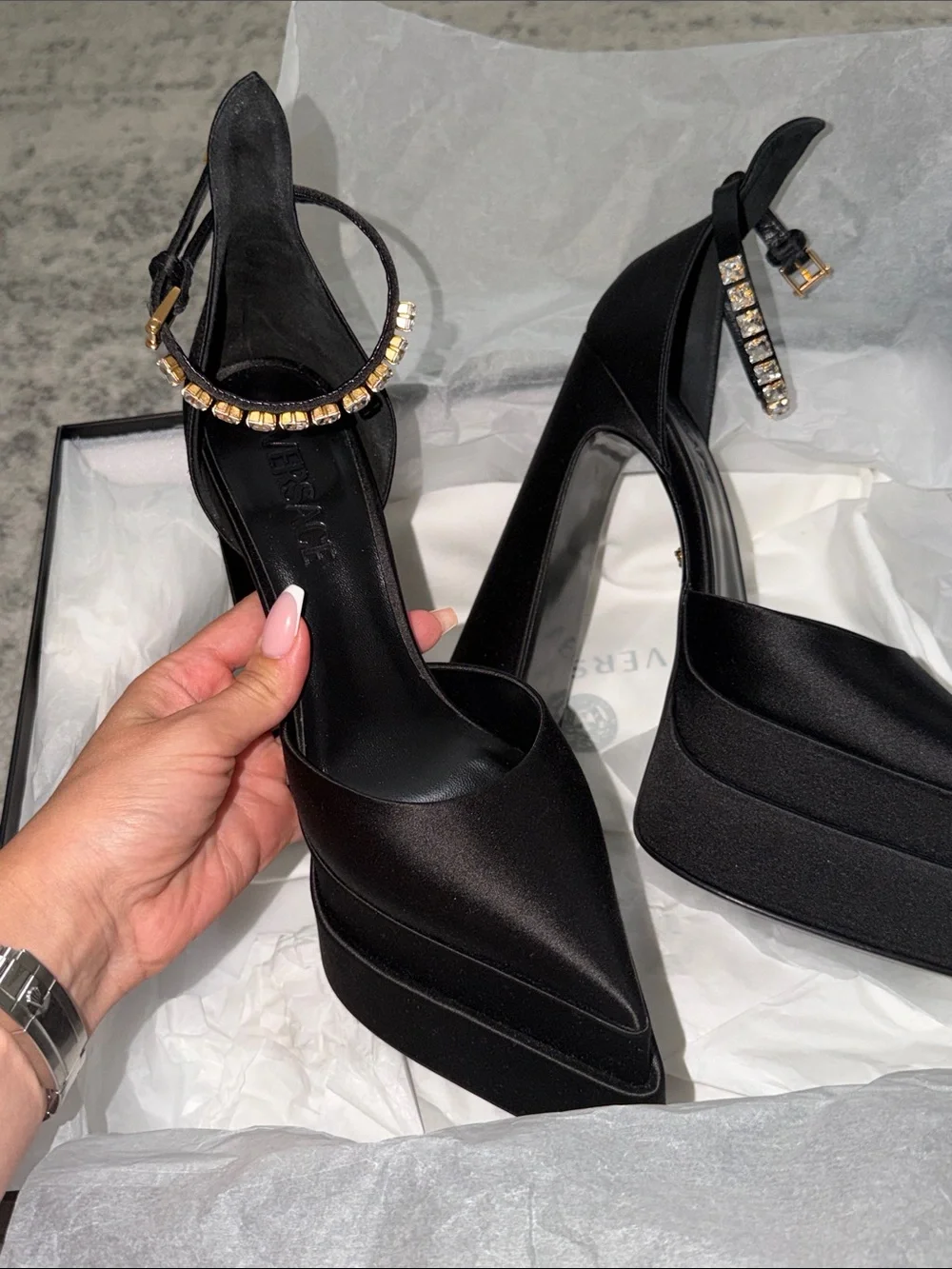 Versace Black Satin Platform Slingback Heels with Crystal-Strap Accents